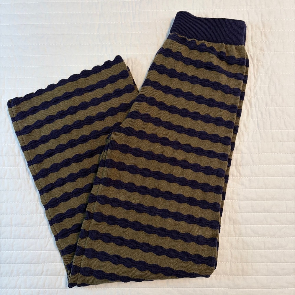 Ontwelfth Olive Blue Striped Scalloped Hem Wide Leg Knit Casual Pants Womens M